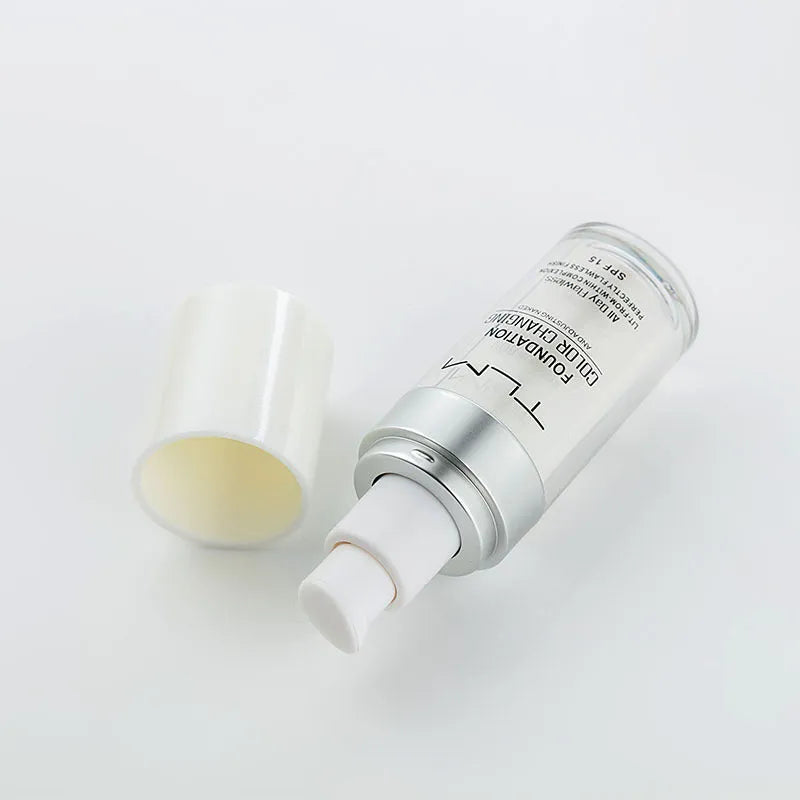 Colour change foundation liquid in pump dispenser bottle for light to medium skin tones