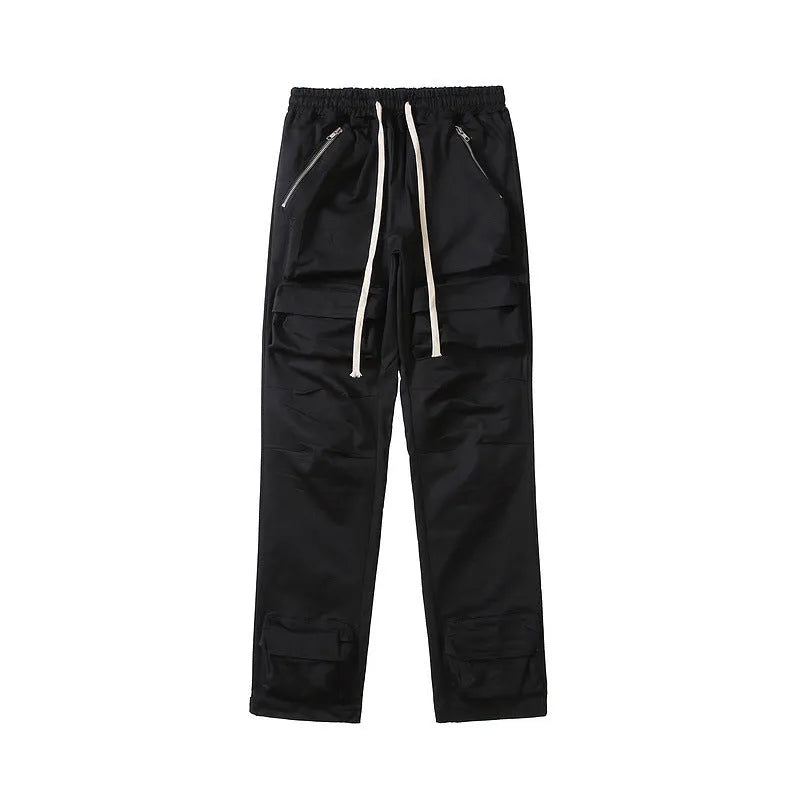 Men's cargo trousers in khaki or black, straight leg, mid-waist, drawstring ankle, cotton blend.