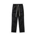 Men's cargo trousers in khaki or black, straight leg, mid-waist, drawstring ankle, cotton blend.