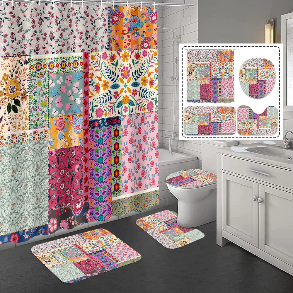 Bomi printed polyester shower curtain and anti-slip floor mat set in modern simplicity style, multiple colours