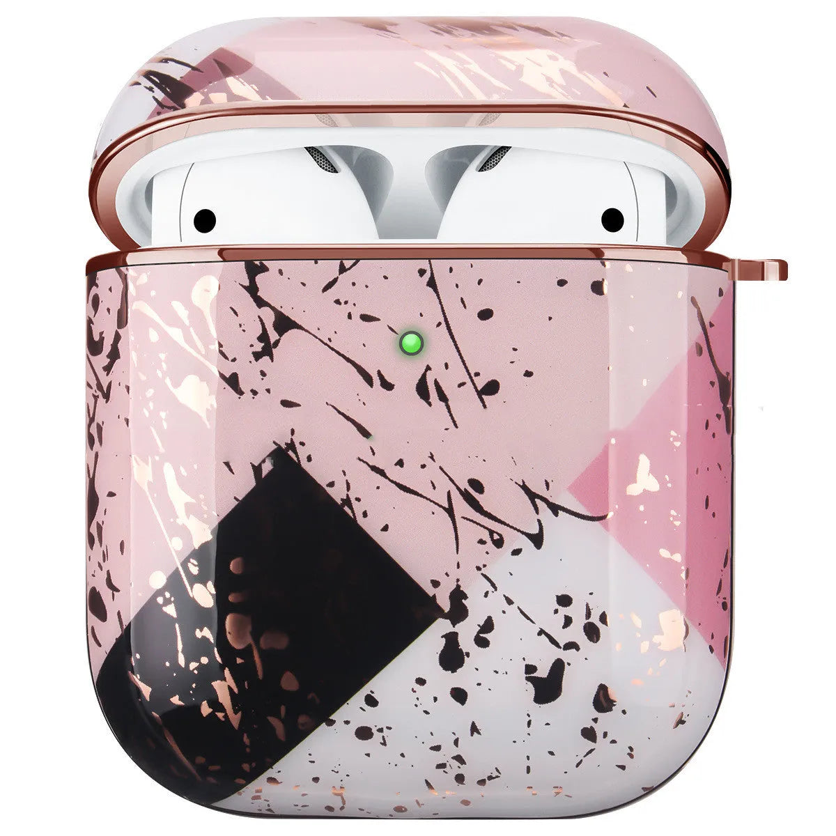 Gold electroplating hard shell white marble AirPods protective case with carabiner on a light background