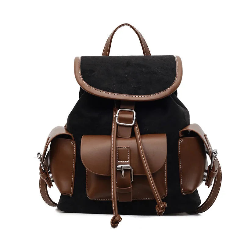 Retro textured PU women's backpack in beige with stitched detailing and outer sandwich pocket