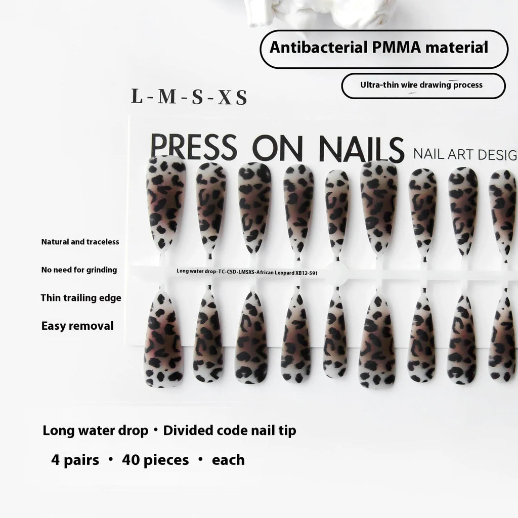 African leopard print long stiletto false nail tips with ultra-thin seamless design, 40 pieces per pack