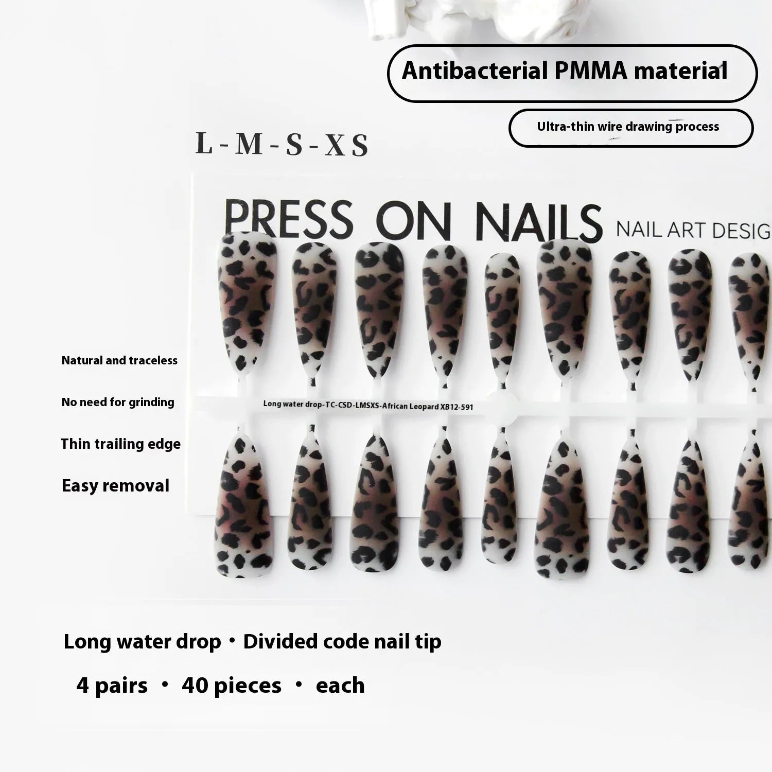 African leopard print long stiletto false nail tips with ultra-thin seamless design, 40 pieces per pack