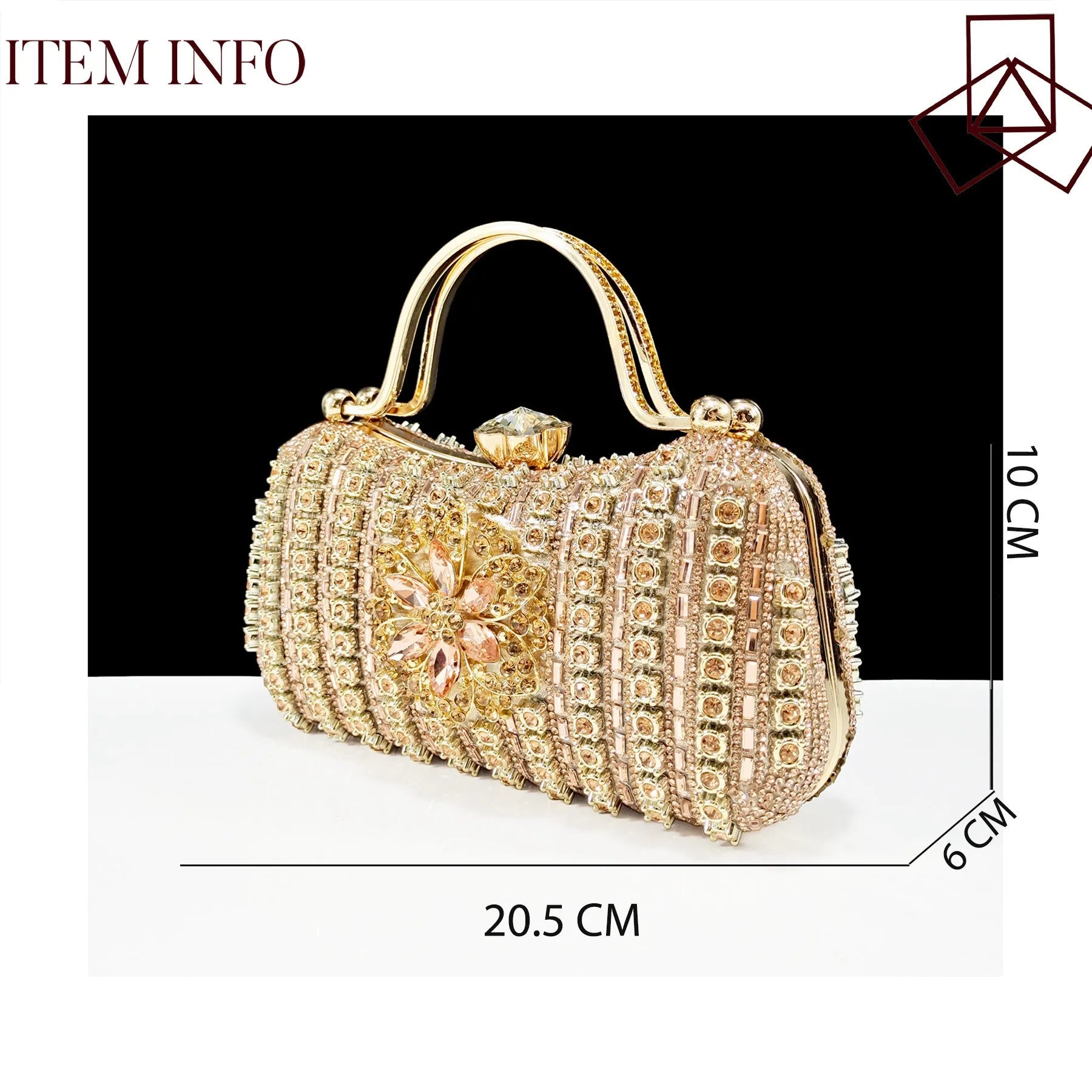 Women's black high heel shoe and matching clutch bag with floral rhinestone decoration and chain strap.