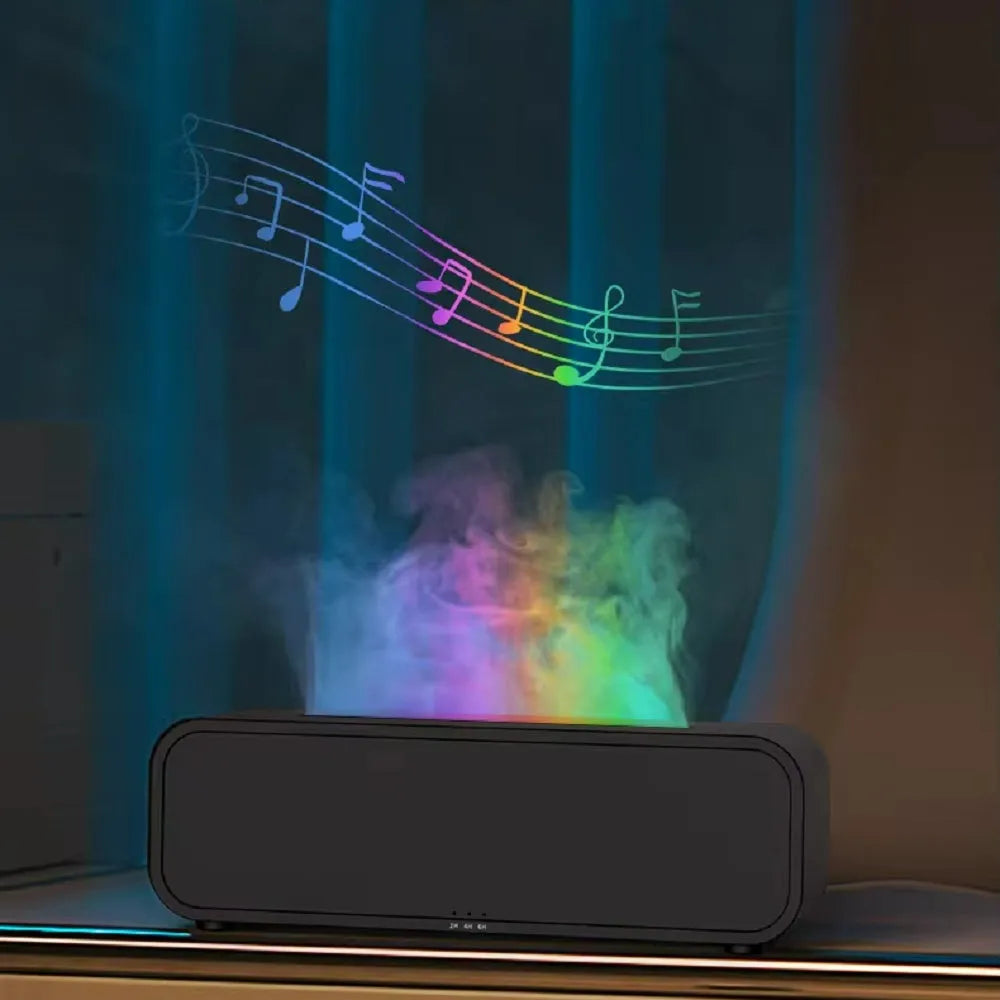 Black and white USB aroma diffuser showing flame dynamic light effect and remote control.