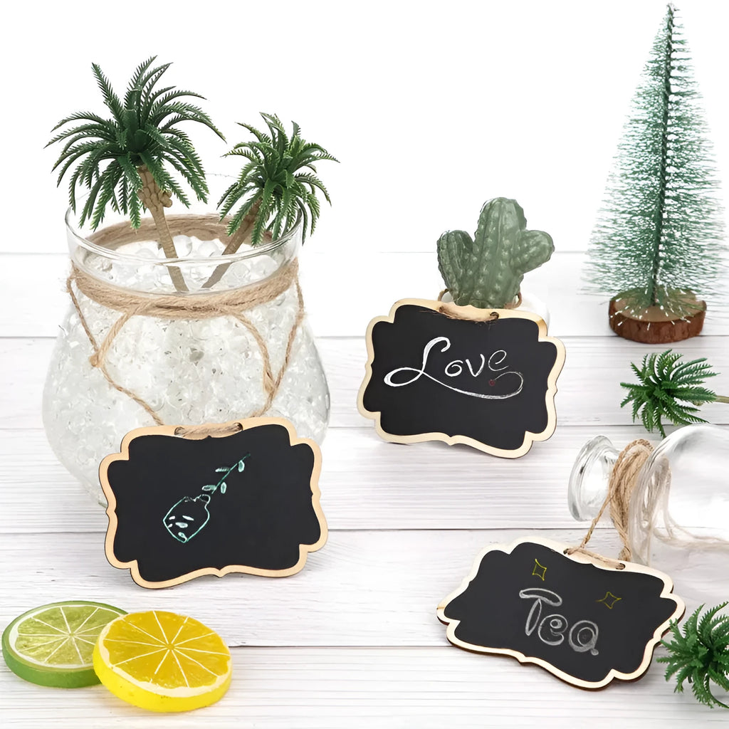 Set of 12 poplar wood double-sided blackboard mini pendants with lanyard, 8.5 by 6 cm, Lace and With Angle colours