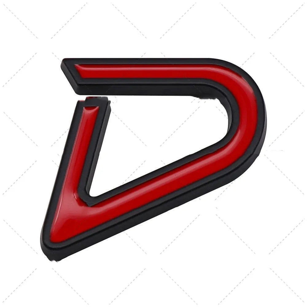 Red and silver metal car bumper sticker with SD design for vehicle personalisation.