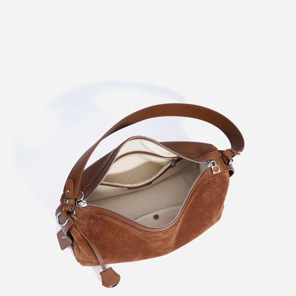 Cowhide tote handbag in chocolate, caramel or milk tea with single shoulder strap and internal file bag