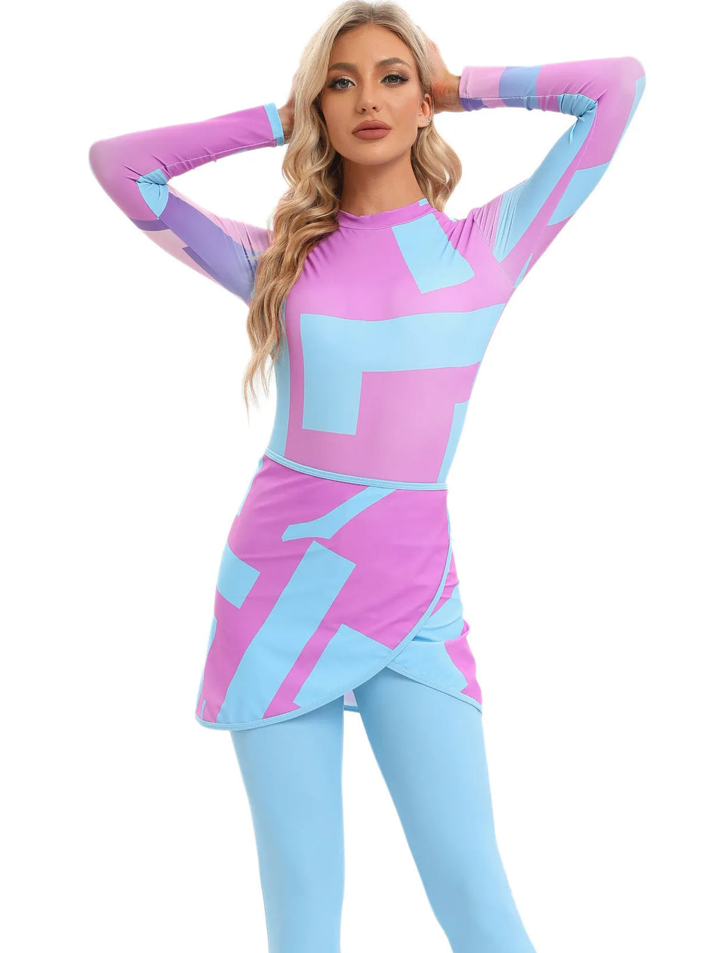 Conservative Muslim print beach swimsuit three-piece set with matching apron in polyester fabric