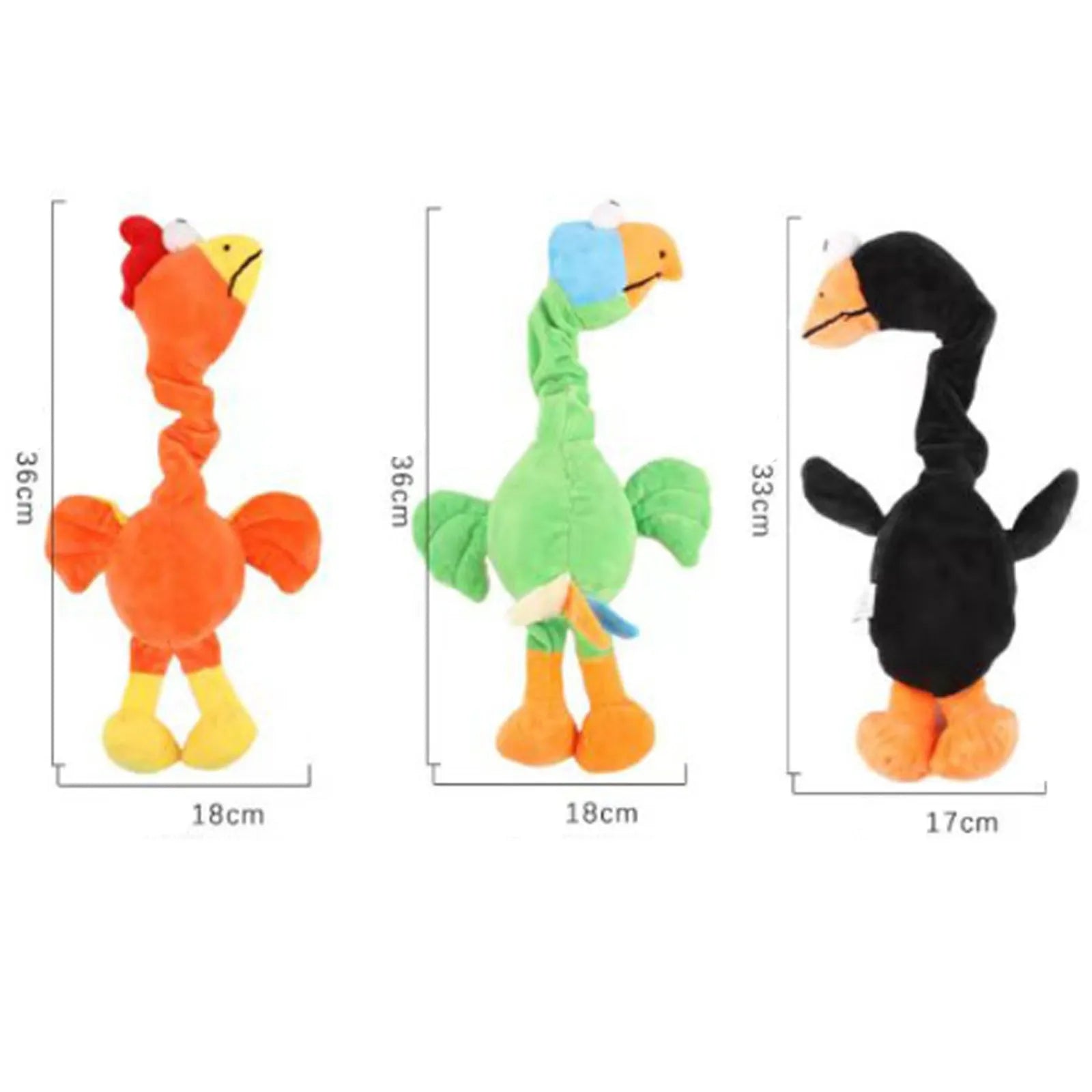 Screaming chicken sound dog chew toy in durable rubber, shown in black, green, and orange colours.