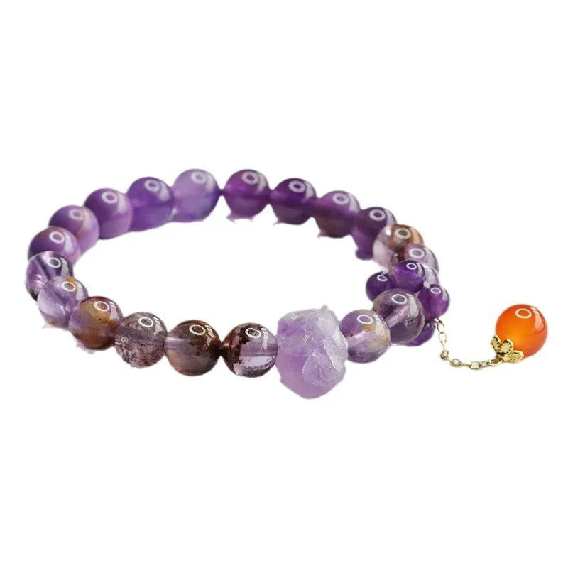 Natural nine purple fire Duobao crystal bracelet in Mori style with amethyst and red agate stones.