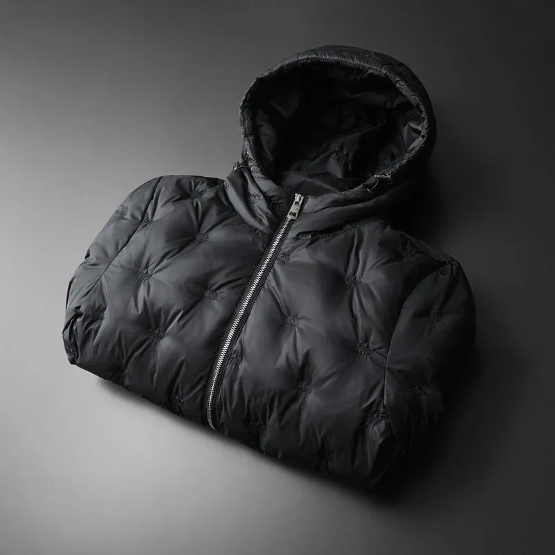 Men's plus size hooded down jacket in black with embroidered detail, winter casual Korean style coat for larger builds