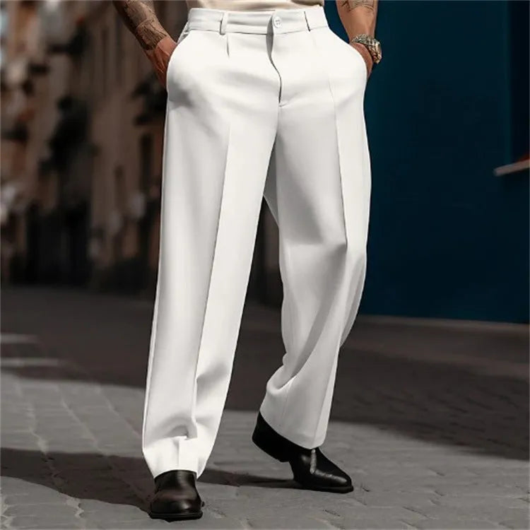 Men's straight solid colour suit trousers with diagonal pockets in khaki, on model, front view