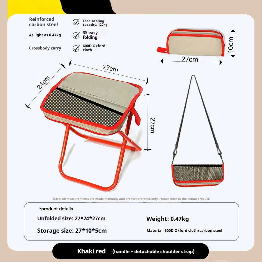 Lightweight foldable camp stool in Oxford cloth, shown folded and unfolded in khaki colour.