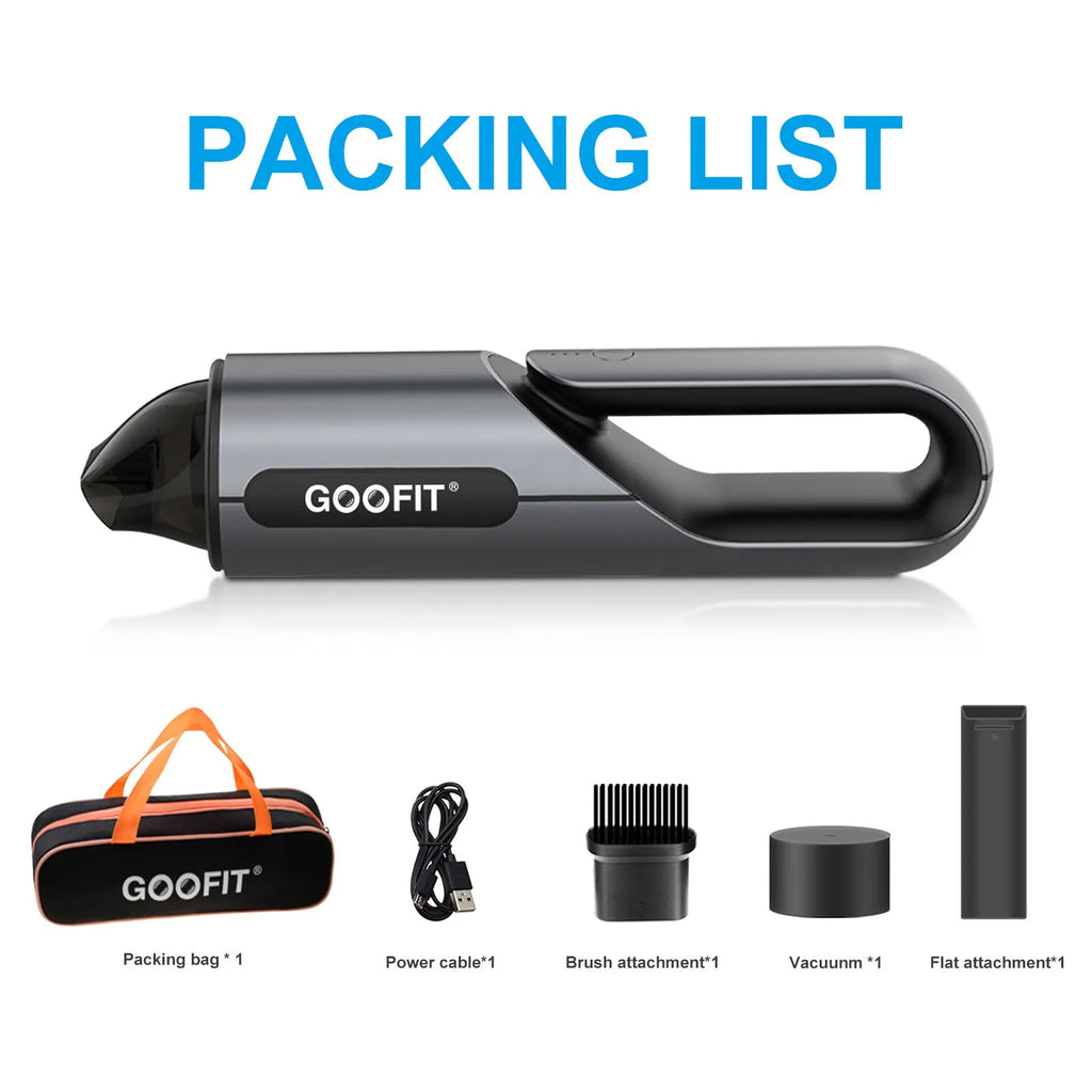 Black portable wireless car vacuum cleaner with brush and flat attachments on vehicle seat