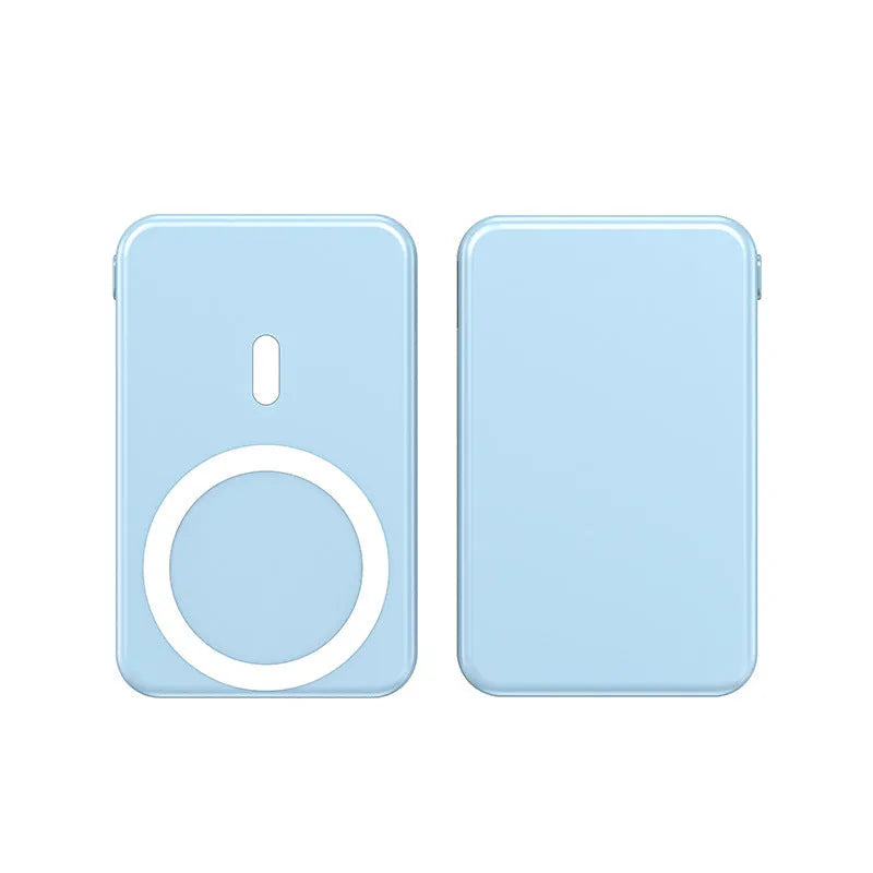 Ultra-thin 10000mAh power bank with magnetic wireless charging for iPhone in black, blue, and white colours