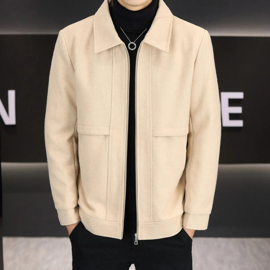 Khaki casual polo collar jacket with side seam pockets and regular sleeves