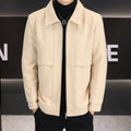 Khaki casual polo collar jacket with side seam pockets and regular sleeves