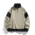 Men's grey hooded corduroy sweater with drop shoulders and loose lapels on a hanger