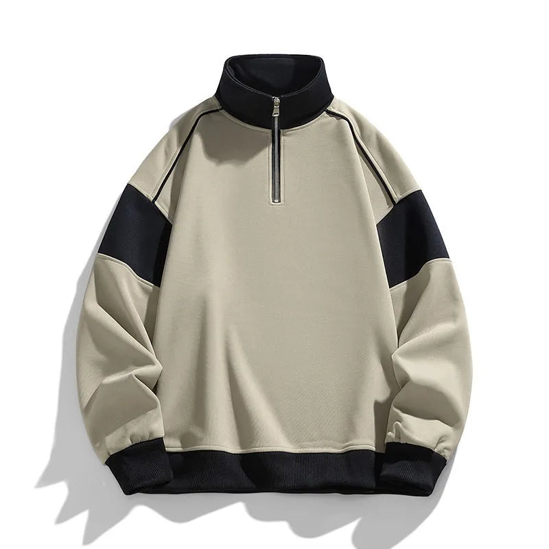 Men's grey hooded corduroy sweater with drop shoulders and loose lapels on a hanger