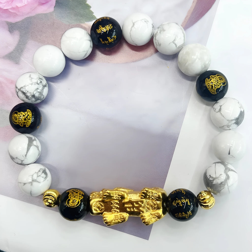 Vintage white turquoise and black agate couple bracelet with adjustable 15-17cm sizing