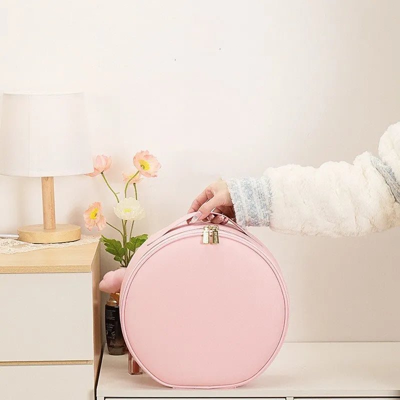 Round smart LED makeup bag with mirror lights in cherry blossom pink, PU leather, 29x28x11cm
