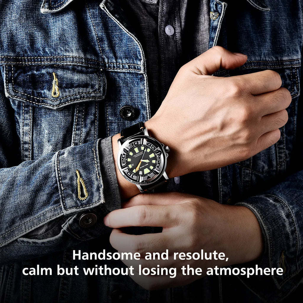 Business men's quartz watch with blue dial, 48mm, luminous hands, and calendar display
