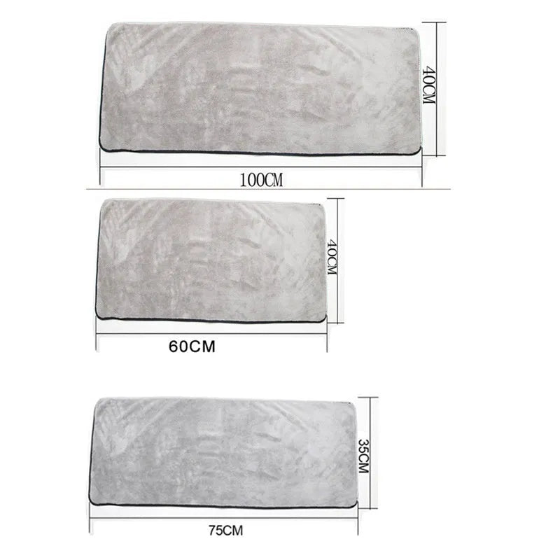 Three microfiber car wash towels showing different size options: 75x35cm, 60x40cm, and 100x40cm.