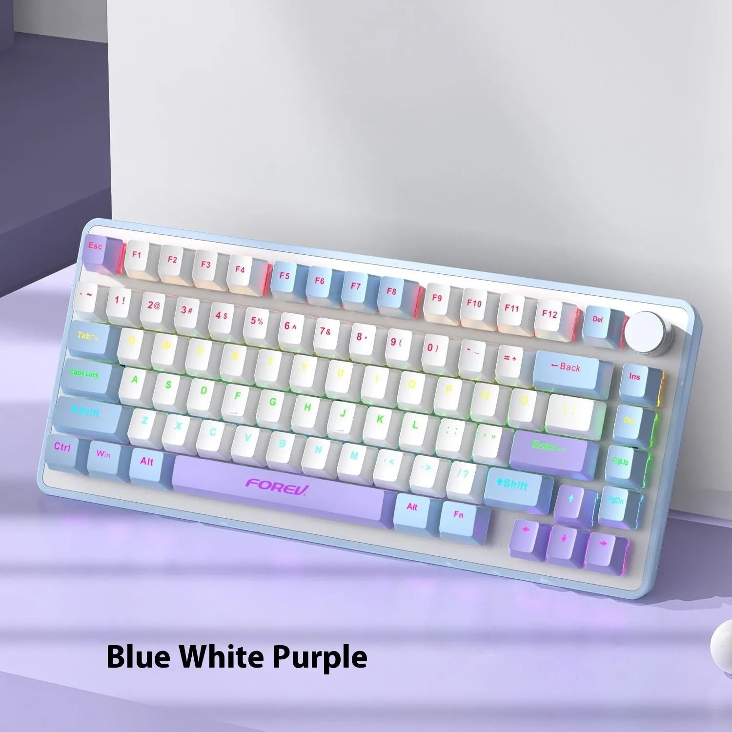 Custom mechanical keyboard and wireless mouse in selected colour option with backlight illumination.