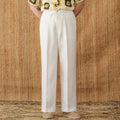 Women's linen trousers with lace trim and elastic waist in straight-leg fit