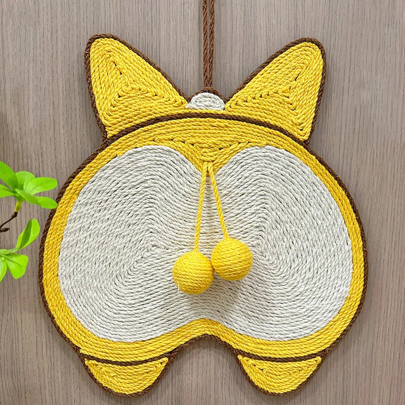 Yellow sisal cat scratch pad with corgi butt design on anti-slip base, 37cm by 40cm