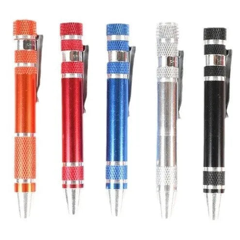 8-in-1 aluminium pen-type screwdriver set showing multiple coloured handles and bits.