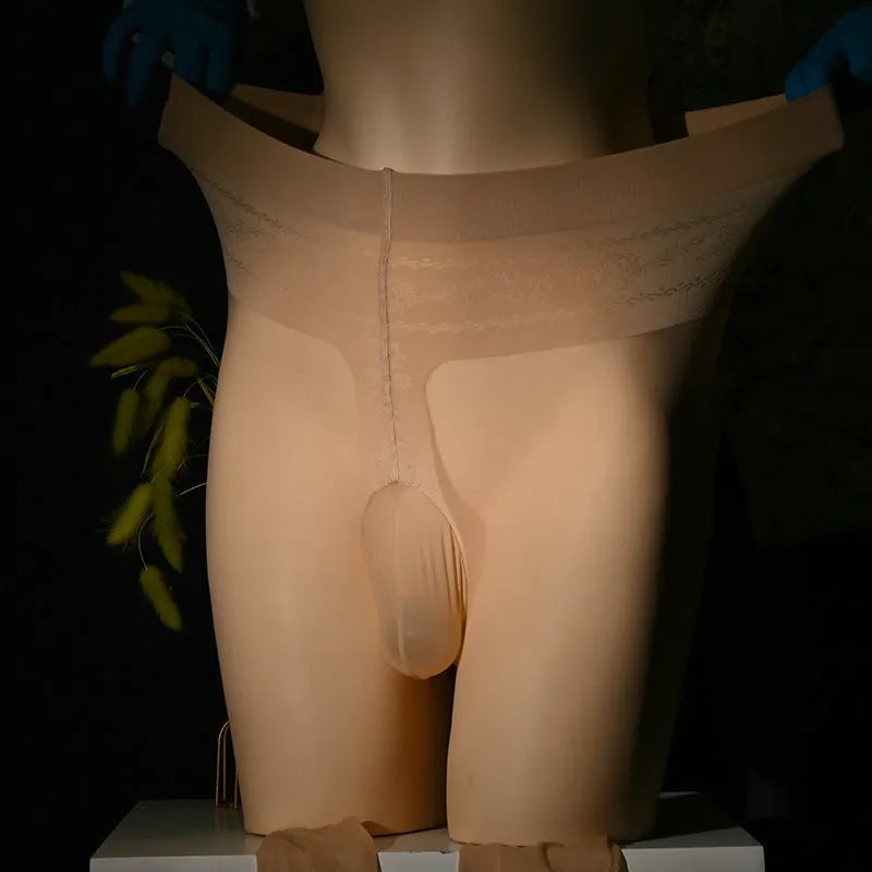 Men's transparent sheer 30D acrylic stockings showing cat scratch resistance in black, brown, gray and skin colour options.