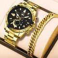 Men's gold stainless steel business quartz watch with date display on a metal bracelet.