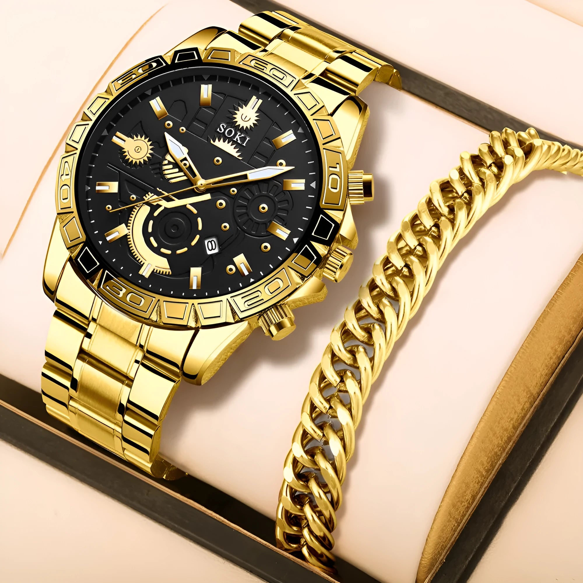 Men's gold stainless steel business quartz watch with date display on a metal bracelet.