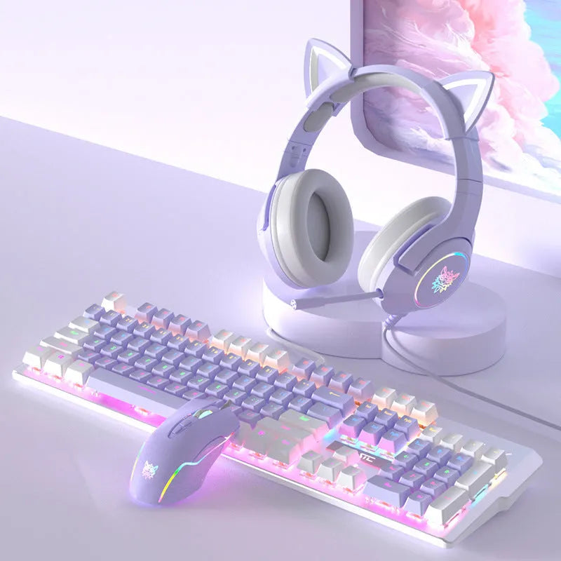 Purple and white mechanical keyboard and mouse suit set with backlight illumination