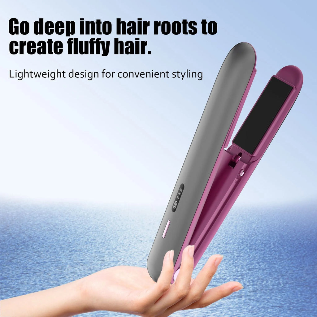 Moon shadow grey wireless hair straightener with ceramic plates and temperature dial.