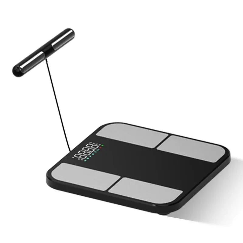 Black electronic weighing scale with tempered glass platform and colour screen displaying body metrics.