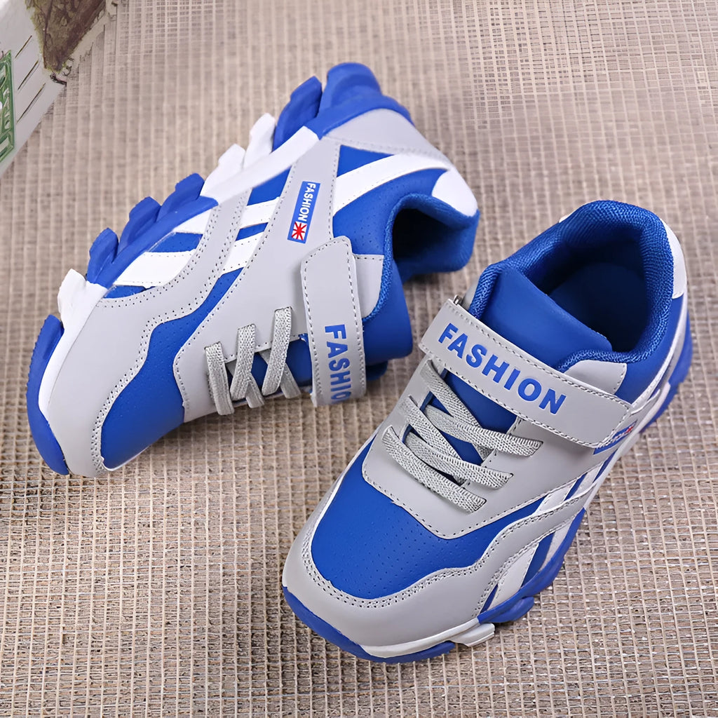 Children's cotton magic sports running shoes with Velcro fastening in grey leather surface