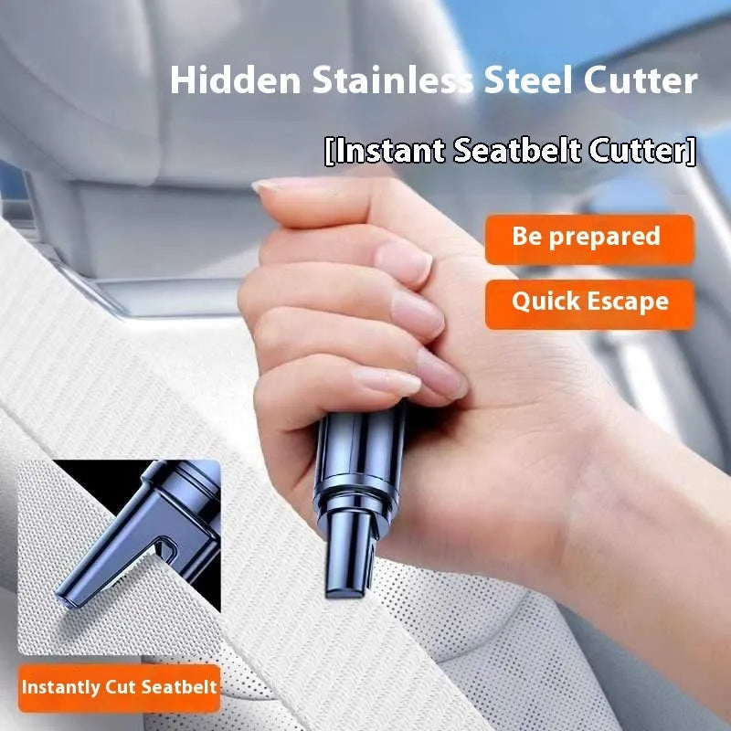 Black and red car safety life hammer with spring-loaded centre punch for emergency window breaking