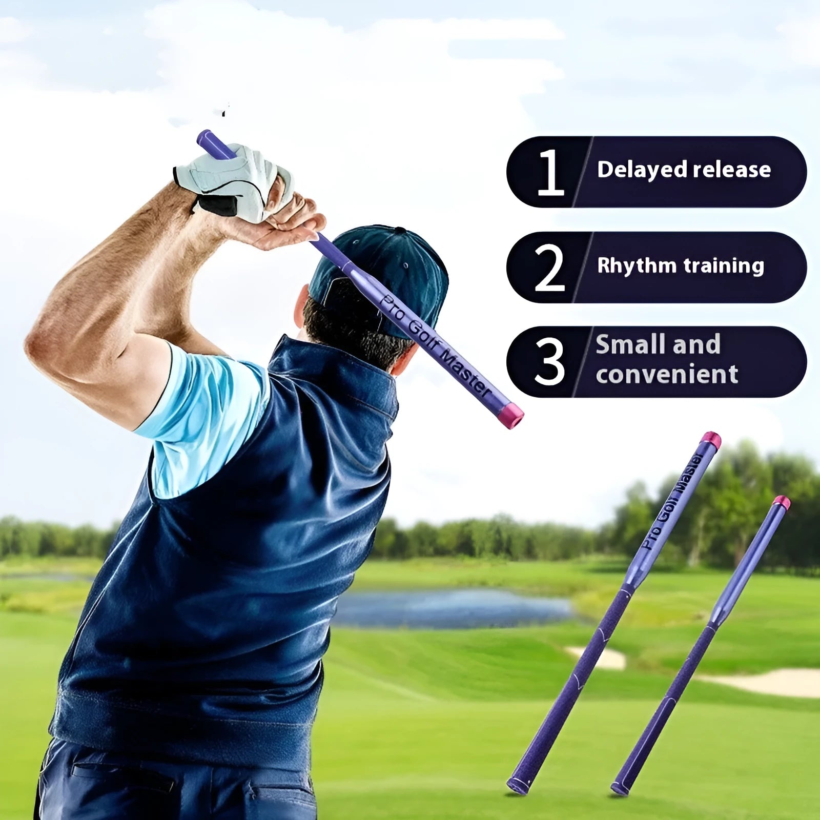 Golf training club with sound swing link model HGB021 on a plain background
