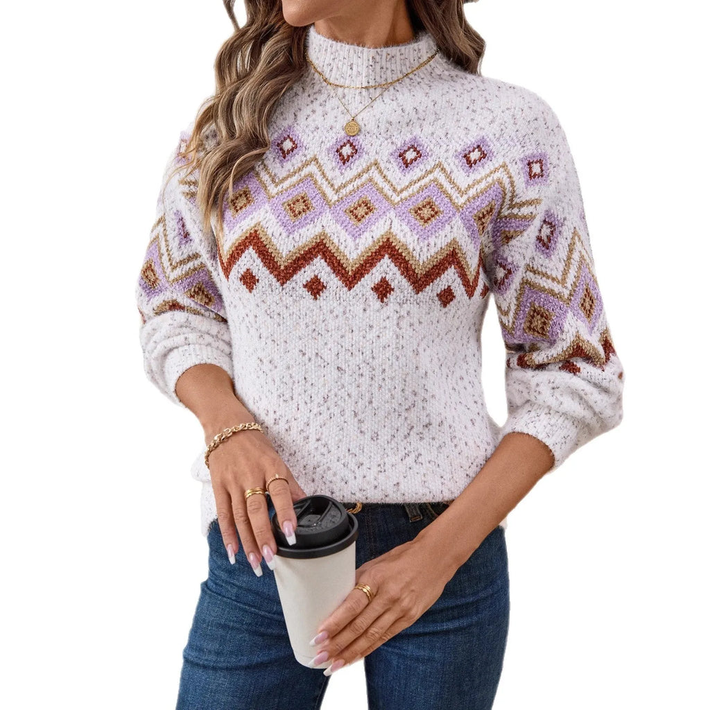 White loose geometric jacquard sweater with a half turtleneck collar.