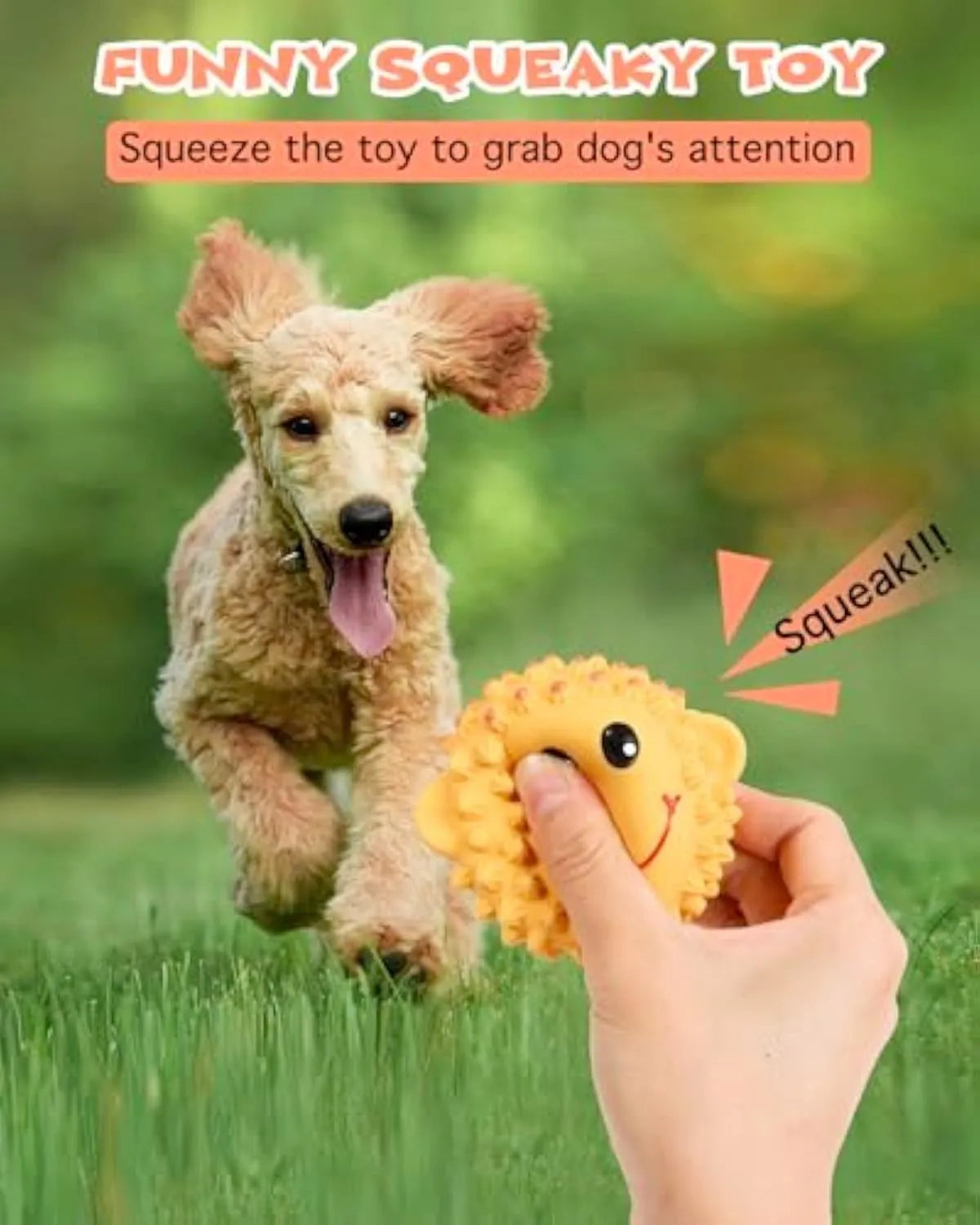 Orange and yellow spiky latex squeaky dog toy ball for small medium breeds