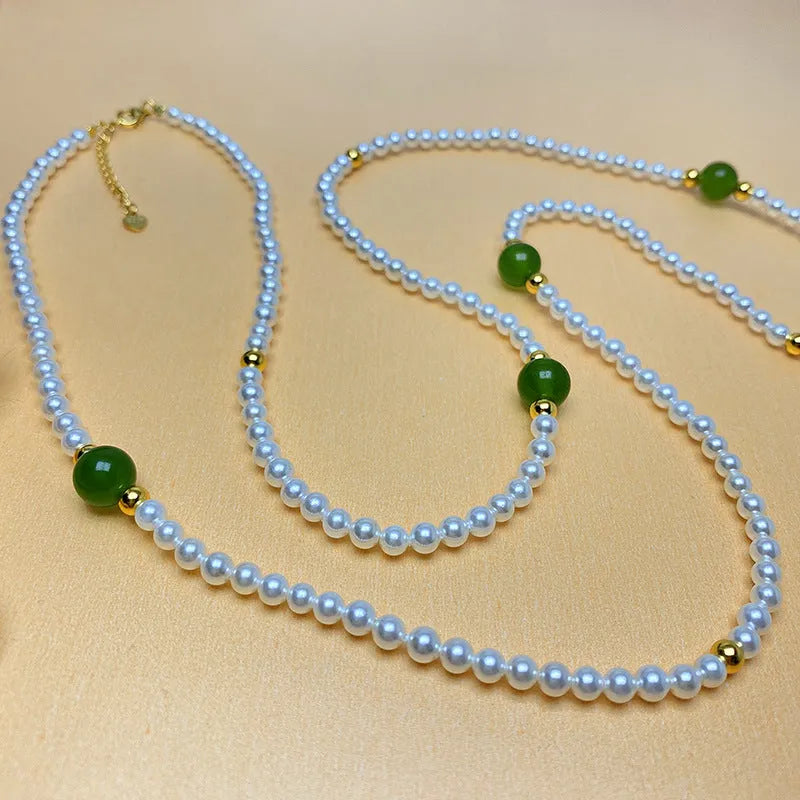 925 sterling silver twin clavicle necklace with 4mm pearl, 8mm green chalcedony bead and 4mm silver beads