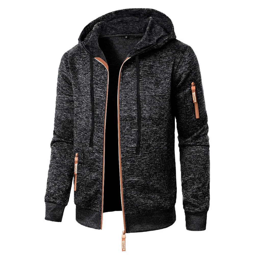 Men's hooded jacquard cardigan coat in black, dark gray, dark blue or denim blue, sizes S to 3XL