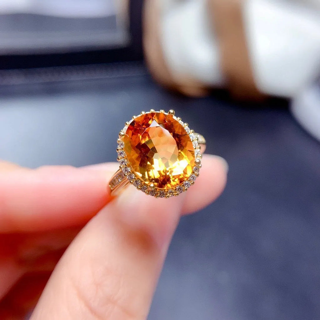Natural citrine open ring on copper adjustable band with gold yellow diamond finish geometric shape