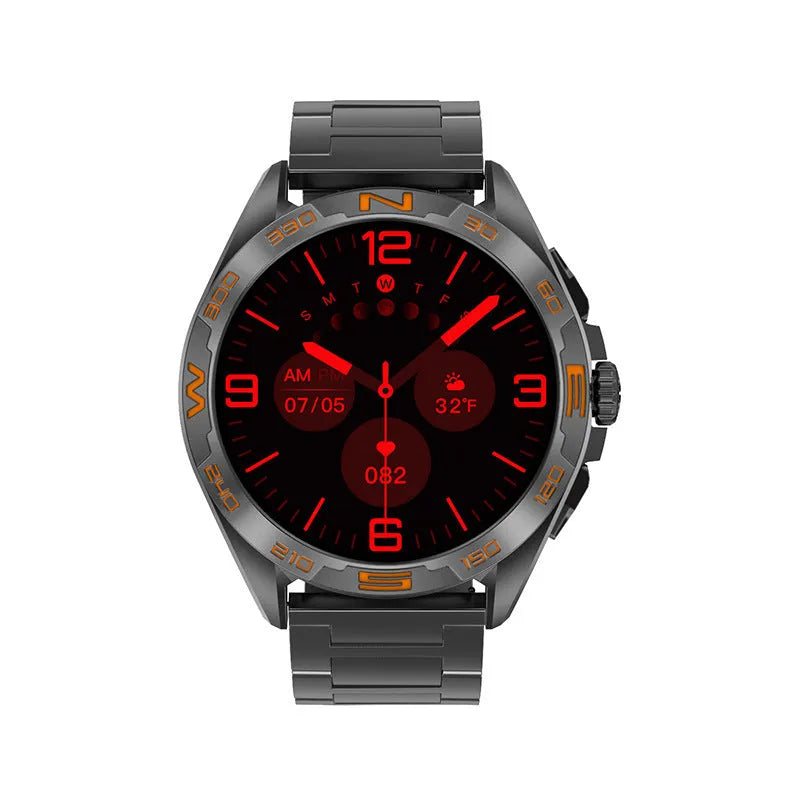 Black smartwatch on wrist showing heart rate and WhatsApp notification on its 1.8-inch screen