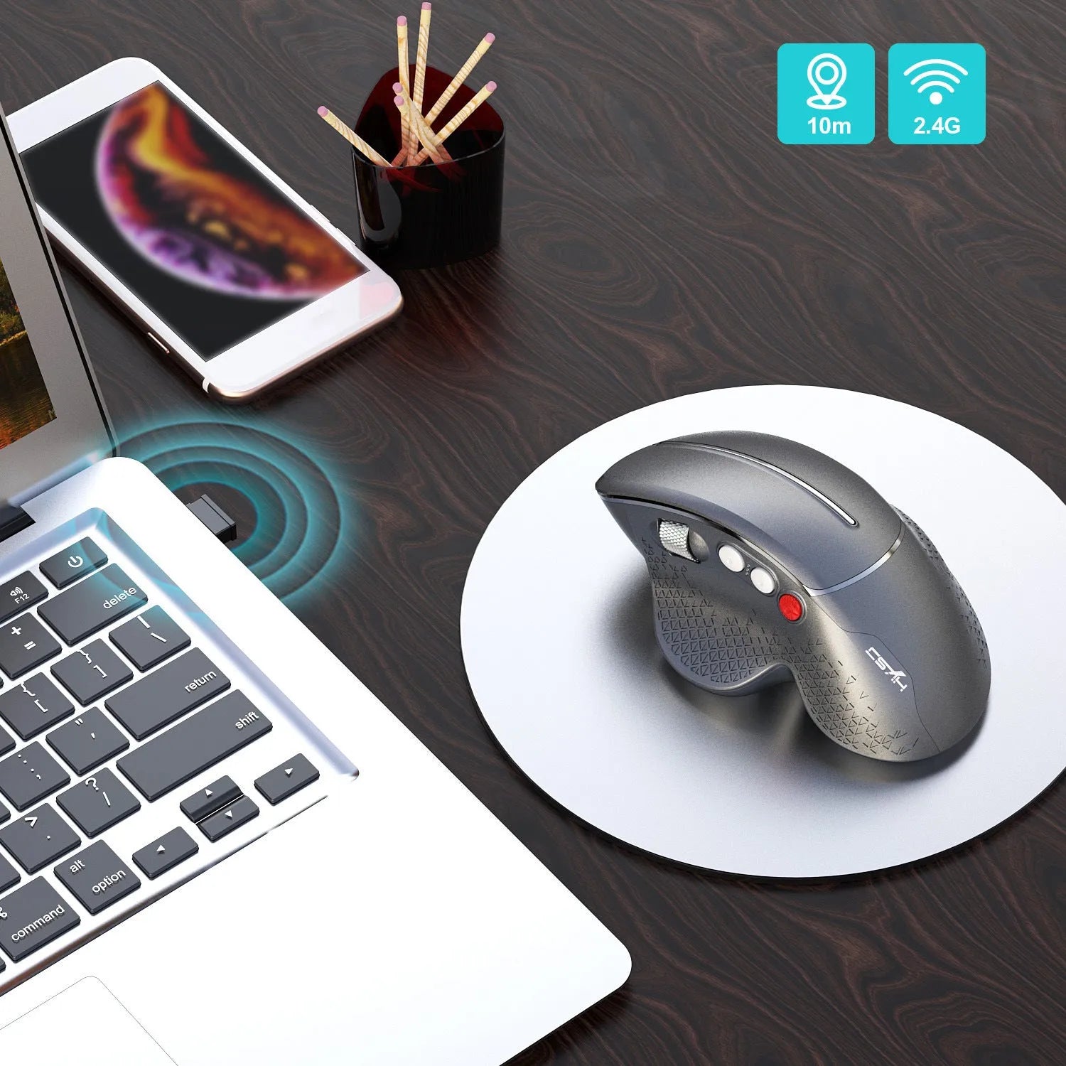 T32 Black and Silver Grey wireless vertical ergonomic computer mouse with aluminium side roller.
