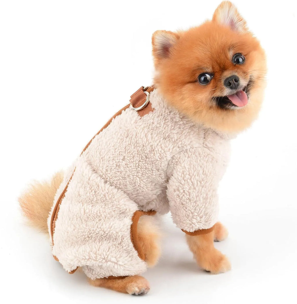 Green plush fleece dog coat with four legs and a back zipper on a small dog.